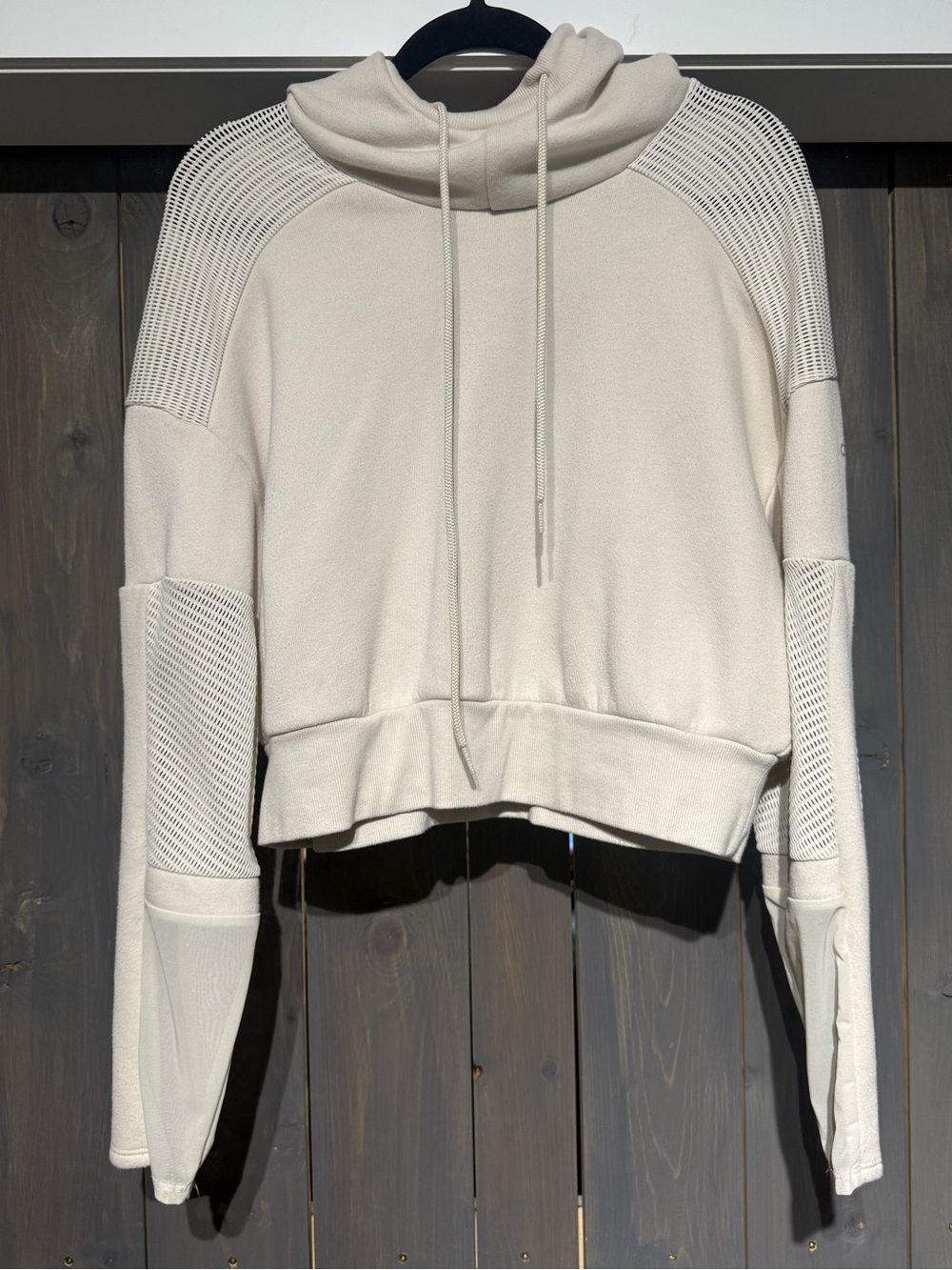 ALO Yoga Cropped Mesh Hoodie – Ivory/Cream – Size M